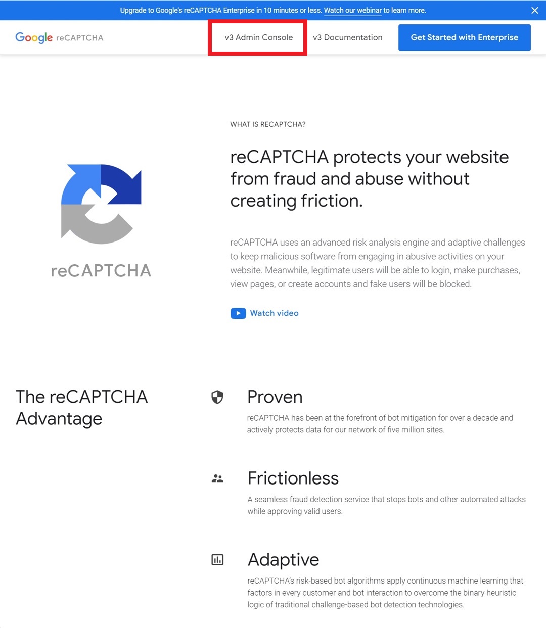 Google reCAPTCHA認証のコンソールサイト