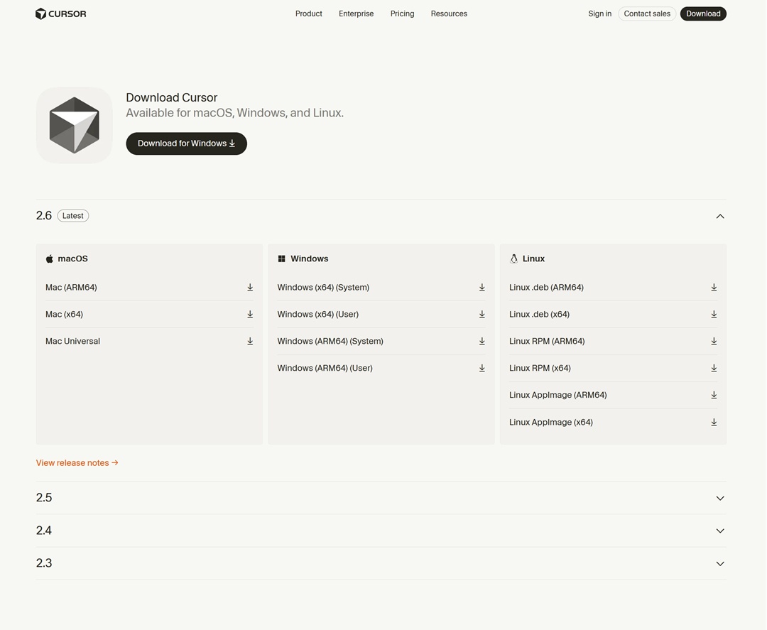 cursorのダウンロード画面